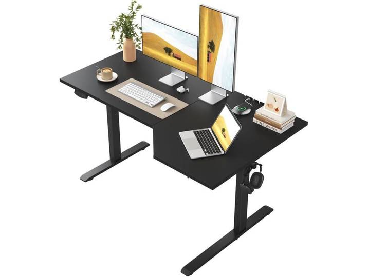 Bureau d'angle en L Assis-Debout électrique 150x(60-90)cm Bureau assis-debout ergonomique 2 positions mémoire charge 70 kg Noir