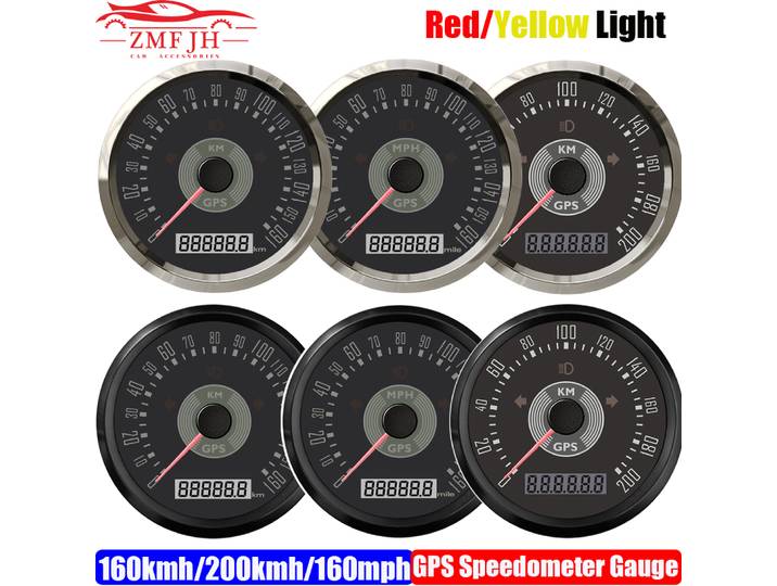Compteur de vitesse GPS rétro 2026 0~160 km/h, 0~200 km/h, 0~160 mph 85 mm avec antenne, affichage LED jaune et rouge, étanche pour voiture et bateau