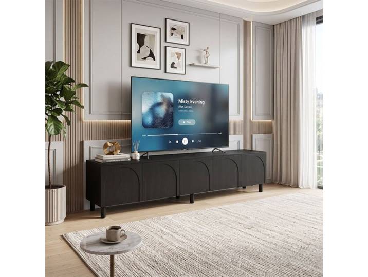 Meuble TV Lowboard 180cm Grand Rangement avec 5 Portes Arc Meuble TV Moderne Style Industriel Pieds Métal - Noir
