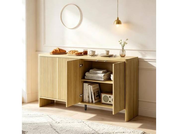 Buffet bas - Buffet moderne - 147 x 40 x 77 cm - Finition chêne - Étagères réglables