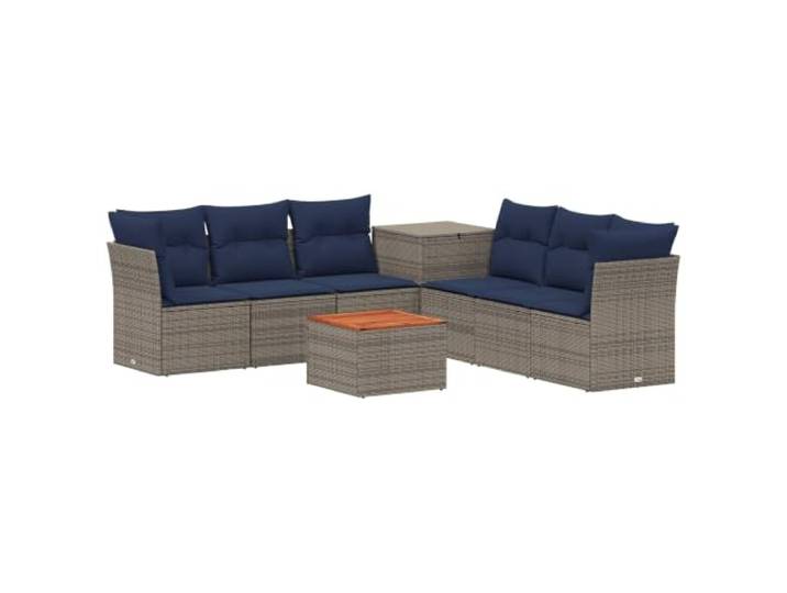 KTHLBRH 8-teiliges Sofaset Grau und Marineblau Rattan und Stahl Modulares Design, Kissenbox, Couchtisch, einfache Pflege, wetterfest