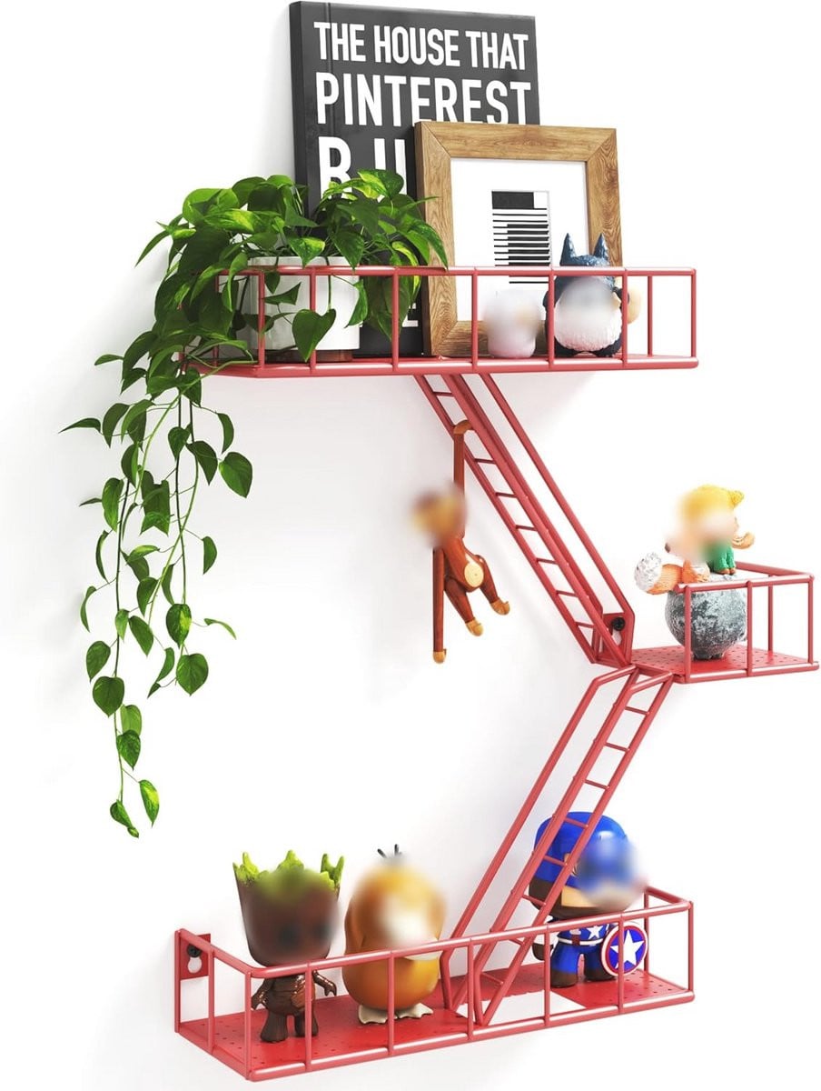 3-laagse metalen wandplank ladder met manden voor muurorganisatie en decoratie