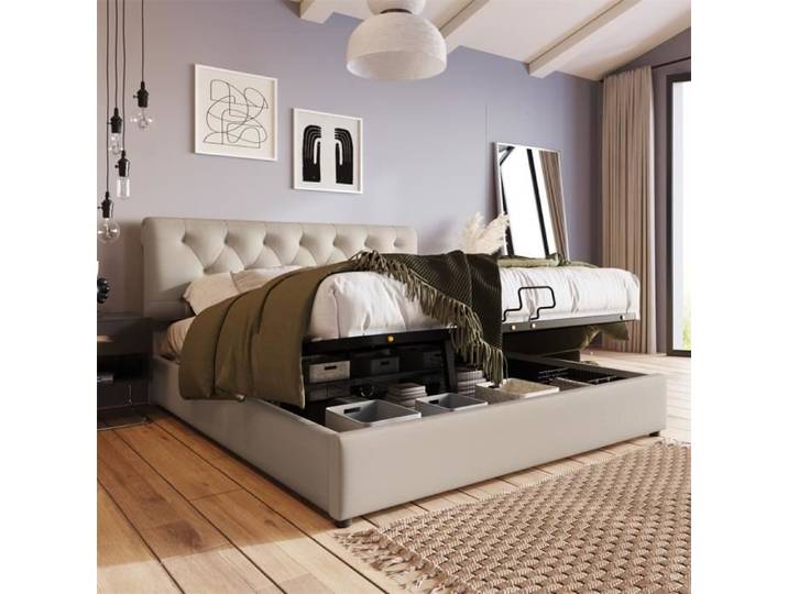 Lit double rembourré DRIPEX avec espace de rangement - Beige - 160x200cm - Bois massif - Contemporain - Design