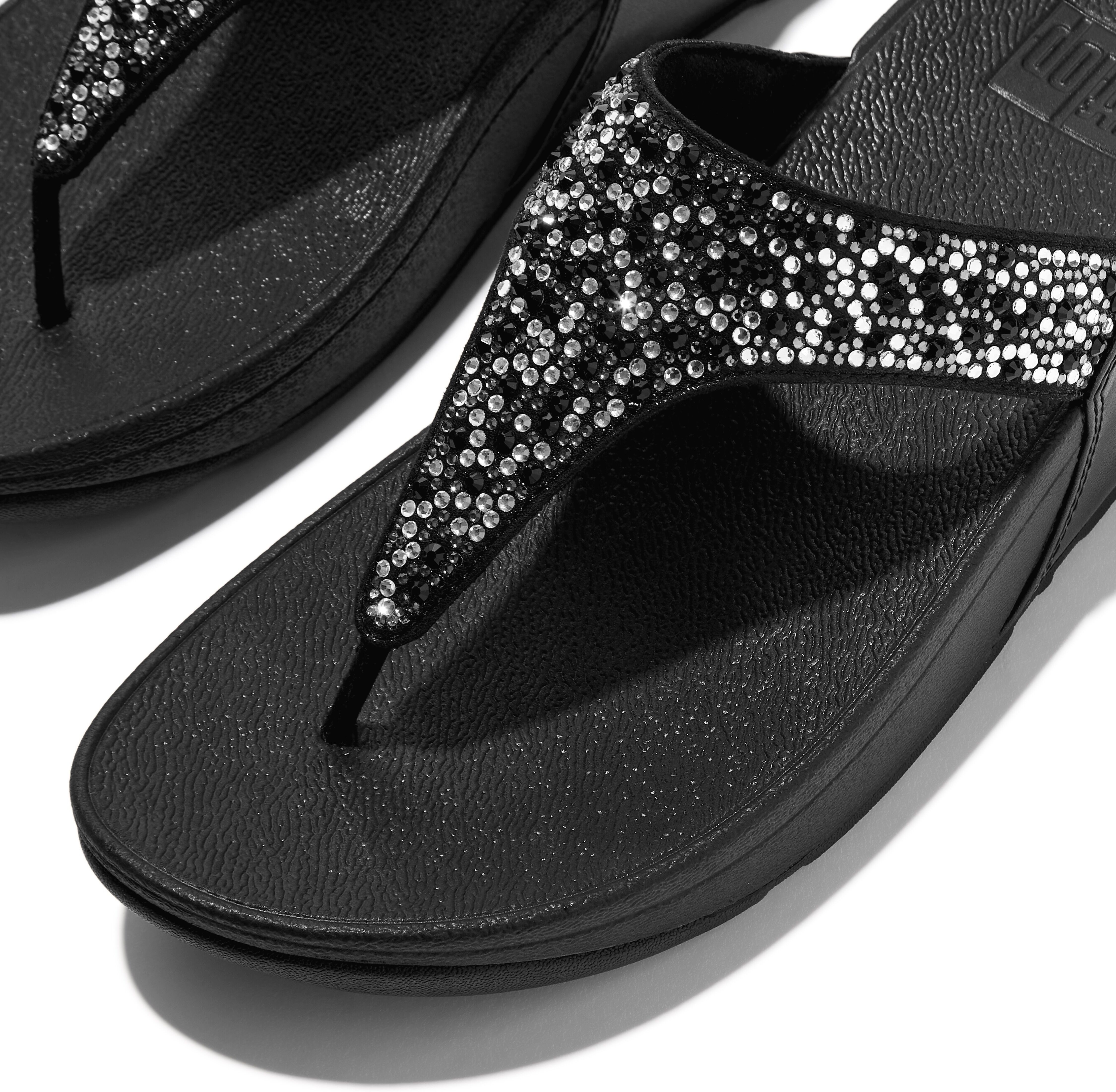 Zehentrenner FITFLOP "LULU CRYSTAL", Damen, Gr. 40, schwarz, Textil, Glitzer, Schuhe Zehentrenner, Sandale, Pantolette mit Schmucksteine