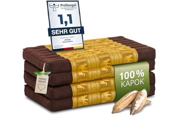 Nachhaltige Klappmatratze aus Kapok - 200x80x8cm - Gästematratze mit Thaiseide, Matratze faltbar für Van, ökologische Yogamatte, Gästebett klappbar, Liege Garten Balkon (Braun/Gold/Elefanten Seide)