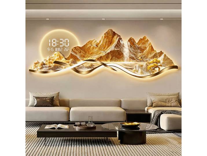 Horloge électronique LED murale moderne pour salon, chambre à coucher, décoration intérieure, lampe murale, lustre, motif Montagne Dorée Soleil