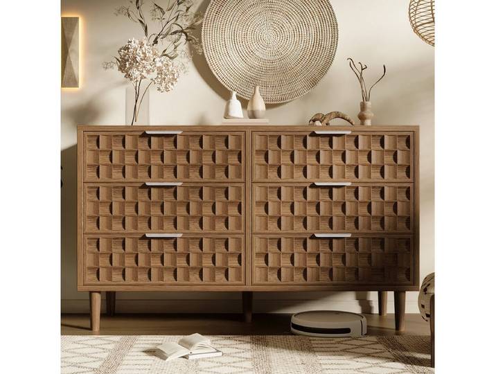 Odikalo Sideboard Kommode im Schokoladenwaffel-Design (Kommode in Eiche-Optik mit 6 Schubladen, Anrichte mit Metallgriffen, Mid-Century Mehrzweckschrank für Wohnzimmer, Schlafzimmer, Flur)