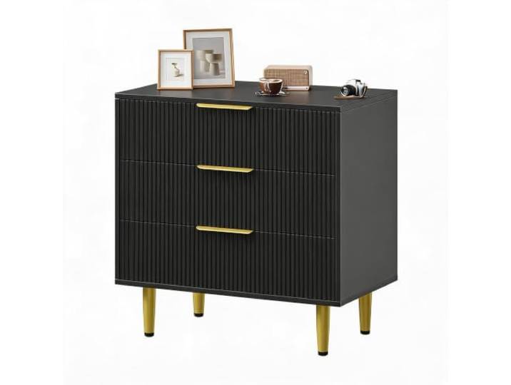 GarveeMore Kommode 3 Schubladen, Fluted Design, 71x43x76 cm, Schwarz 3 Schubladen Fluted Design Metallbeine Metallgriff Spanplatte/MDF