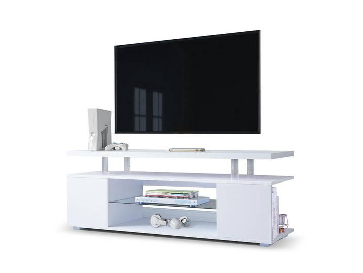 Redom Tv-Lowboard mit LED-Beleuchtung, offenem Fach und 3 Stauraumfächern, modernes Design, Weiß, 130x48x40 cm, Wohnzimmer, TV Möbel, Lowboards, Lowboards stehend