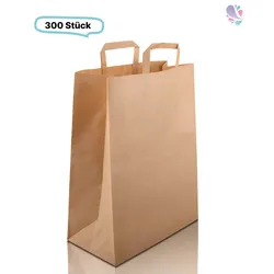 Papiertüten groß, 300 Stück Papiertaschen, Papiertragetaschen braun, 22 x10,5 x 30 cm, flacher Henkel, umweltfreundlich