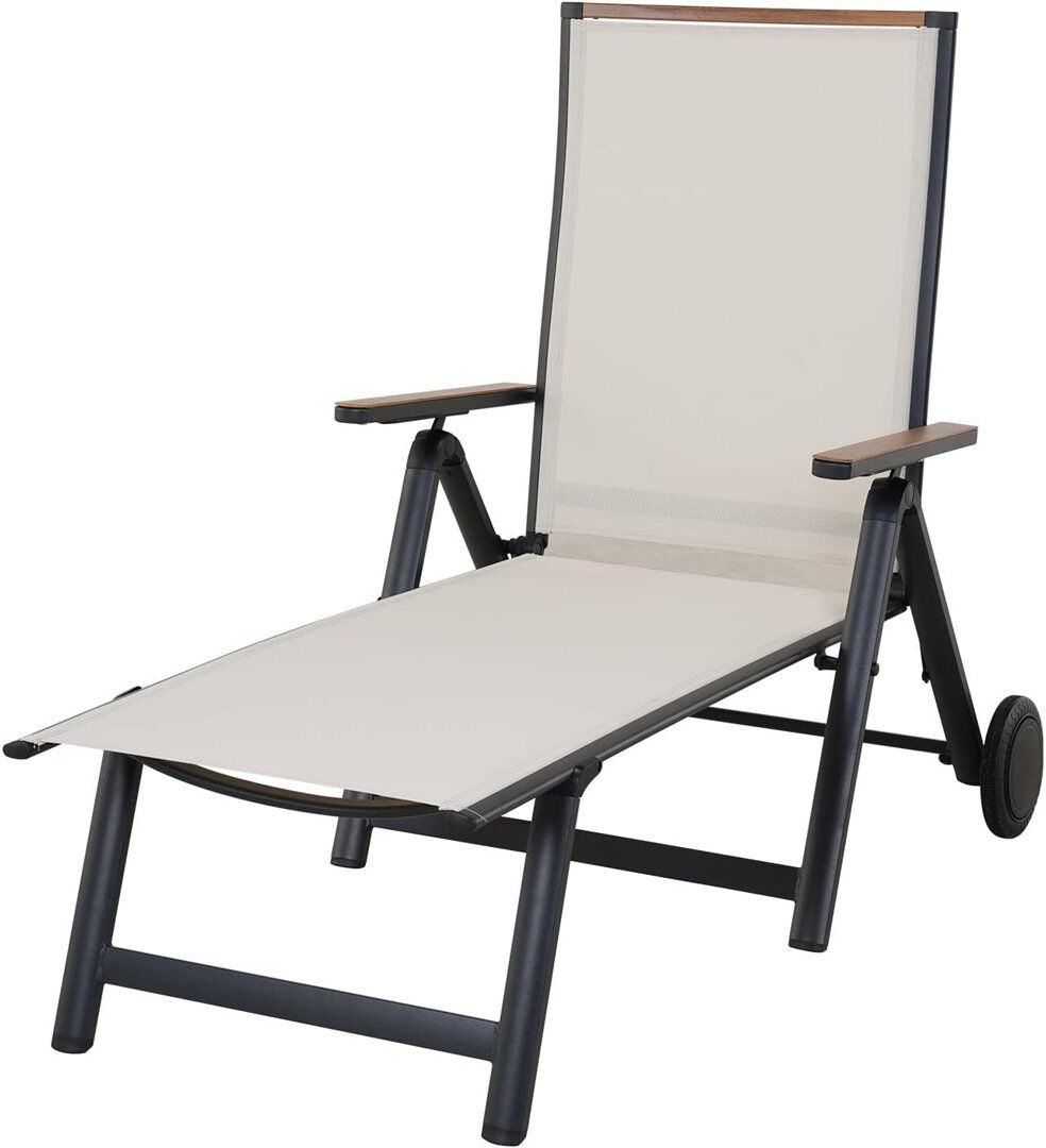 Dakota Fields Folding Aluminium Sun Lounger with 6 Adjustable Positions and Wheels Beige 108cm H X 70cm W X 170cm L