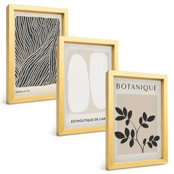 BILDER SET 3er Set - 20x30 cm Goldrahmen - Pflanzenmuster und Linien
