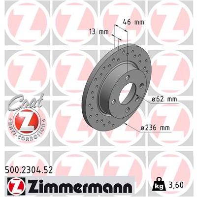 ZIMMERMANN Bremsscheibe SPORT COAT Z 500.2304.52 Vorderachse Gelocht 236mm 13mm für VAG
