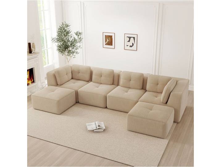 Canapé-lit modulable en U avec ottomane sans montage design antidérapant beige