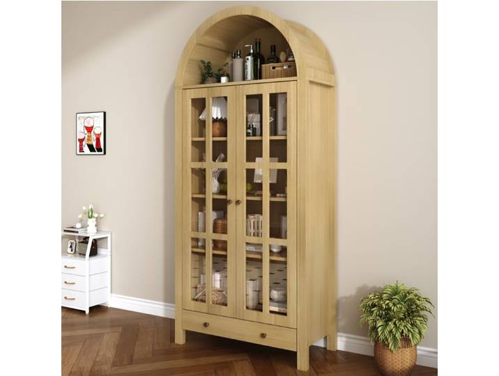 HOMVRA Vitrine haute arche en MDF portes transparentes tiroir 75x35x170 5 cm naturel