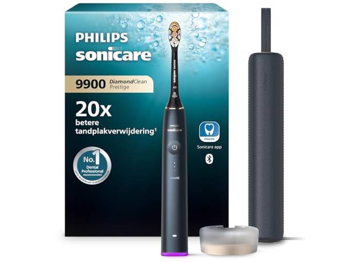 Philips Sonicare DiamondClean Prestige 9900 - sonische elektrische tandenborstel met 1 A3 Premium All-in-One opzetborstel en oplaadetui in donkerblauw (model HX9992/12)