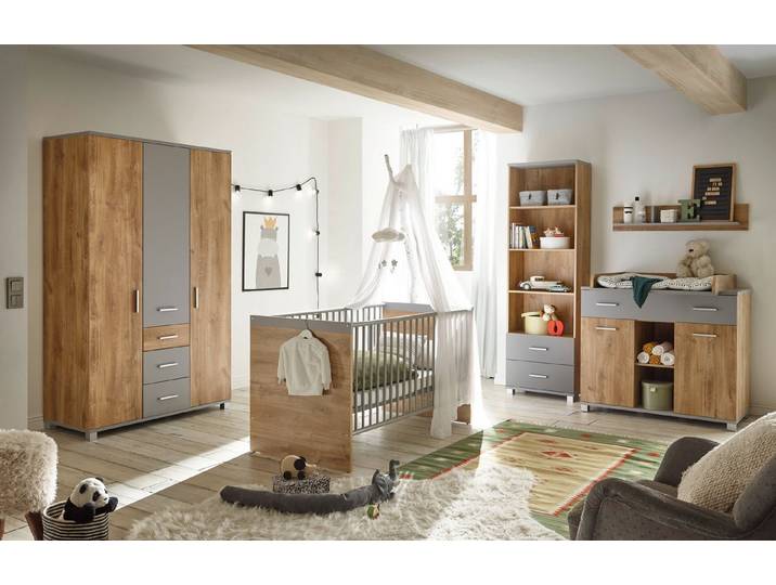 möbel-direkt.de Babyzimmer-Komplettset Larissa in Bolton Oak und Arktisgrau, (Komplett Set, 4-tlg., Schrank, Bett, Wickelkommode, Regal), hochwertig und funktional