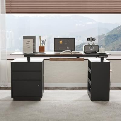 FUFU&GAGA Stylish Black Electric Standing Desk Computer Desk: Versatile Storage and Adjustable Height for Modern Workspaces