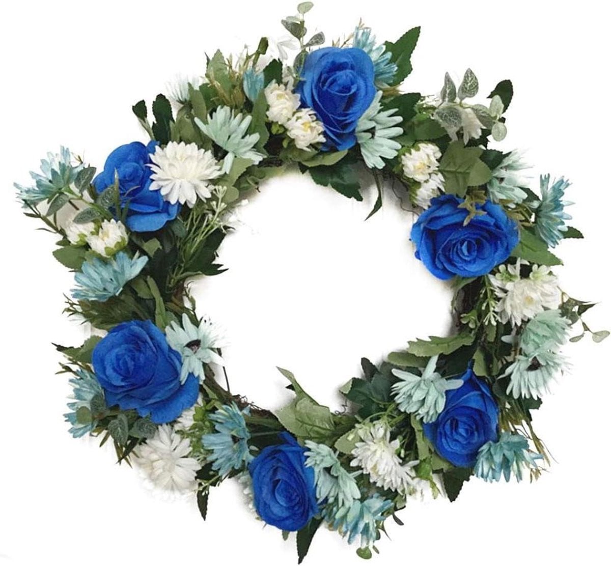 Handgemaakte decoratieve kunstbloemenkrans met blauwe rozen voor aan de voordeur, 41 cm