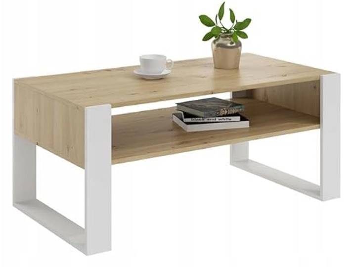 MATKAM Couchtisch KAJA H50 x B120 x T63,6 cm, offenes Regal unter der Arbeitsplatte, praktische Eleganz und Funktionalität, Retro-Loft (Artisan Eiche-Weiß)
