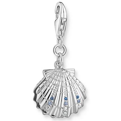 Charm-Einhänger THOMAS SABO "Muschel-Optik", blau (silberfarben, mehrfarbig, weiß, mehrfarbig), Charms, Damen, Perlen, Silber 925 (recycelt), mit Glas-Keramik Stein - mit Süßwasserzuchtperle