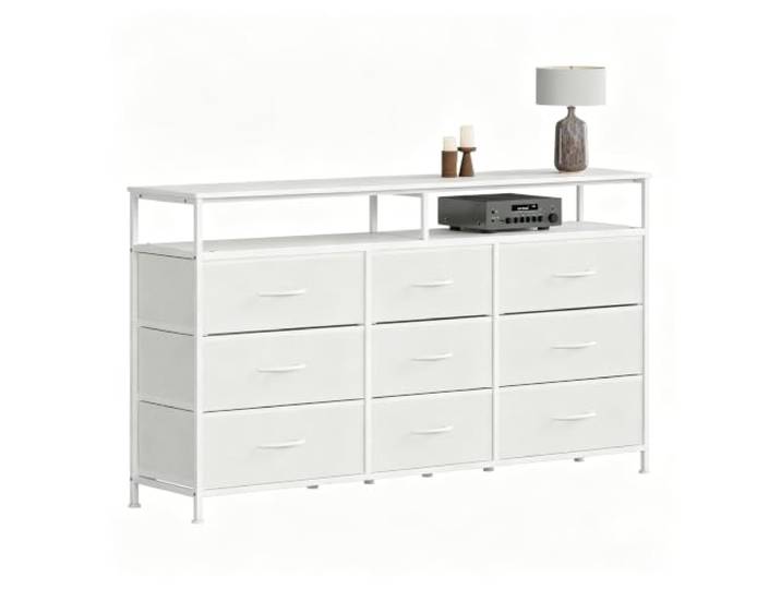 GarveeHome TV-Lowboard 160 cm Stahl MDF 12 Schubladen Kippschutz Weiß Offene Fächer, Sichere Standlösung, Geräteablage, Kabelordnung, Medienbereich