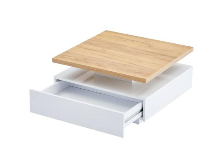 Beistelltisch quadratisch 360° schwenkbar weiß Nussbaum 360° drehbar, 70x70x36 cm, Spanplatte mit UV-Beschichtung, weiß + Walnuss, integrierte Schublade, Innenbereich