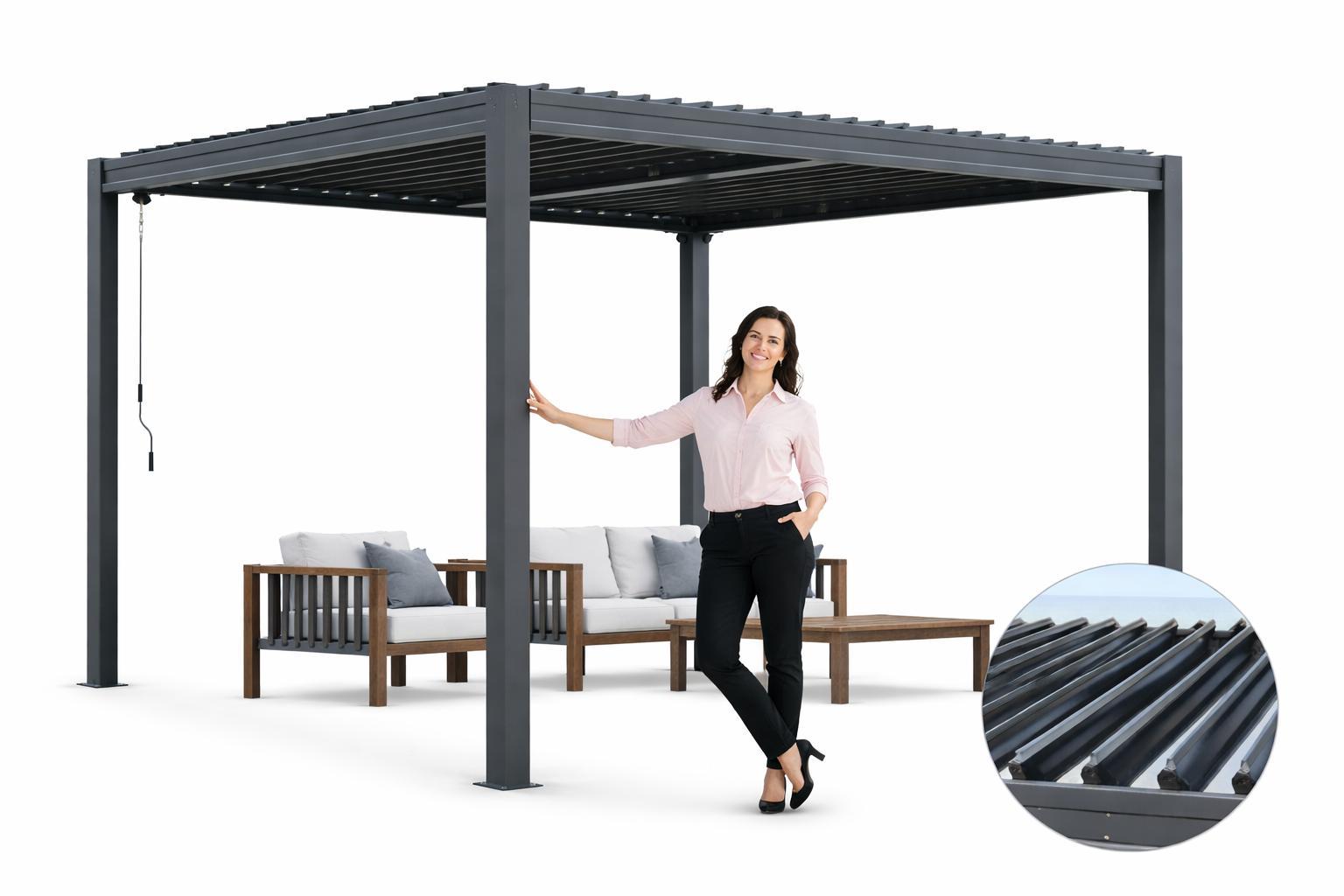 Corciano Bioklimatische Alu-Pergola 3x4m mit Lamellendach | Integrierter Wasserablauf | Kurbel | Wetterfest | Anthrazit