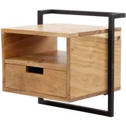 Nachttisch Natredja aus massivem Akazienholz, Loft Design, Natur, mit Schublade und offenem Fach
