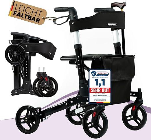 FRIPAC - Rollator faltbar und leicht mit Sitz - geeignet für Wohnung & Outdoor - Leichtgewichtrollator mit stabiler Aluminium-Konstruktion - sichere Gehhilfe für Senioren (Schwarz)