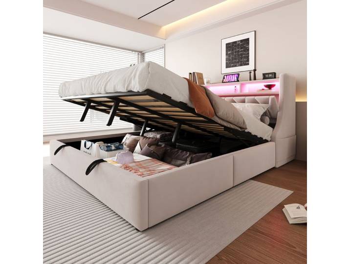 lit capitonné 180 x 200 cm storage bed avec power outlet and shelf LED lighting widened bed legs beige velours fabric