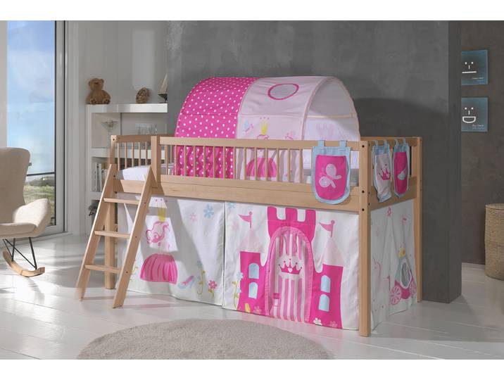 Massives Hochbett Forrest - Princess 90 x 200cm Holz/Braun mit Tunnel/mit Vorhang