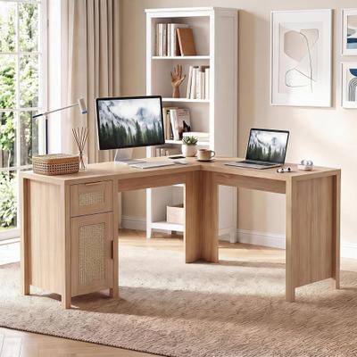 YUN L Shaped Desk, Tech Wood Home Office Computer Desk with Power Outlet