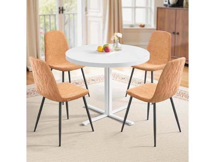 VASAGLE Runder Esstisch und 4 Esszimmerstühle Set, Weiß, Braun Tisch und Stühle Set, Küchentisch, PU-Leder, Chenille, Metallbeine, 80 cm, Esszimmermöbel für Küche