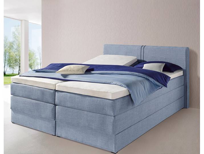 Boxspringbett, Feinstrukturstoff, Hellblau, 160×200 cm, Mit Bettkasten, Landhaus, Hapo