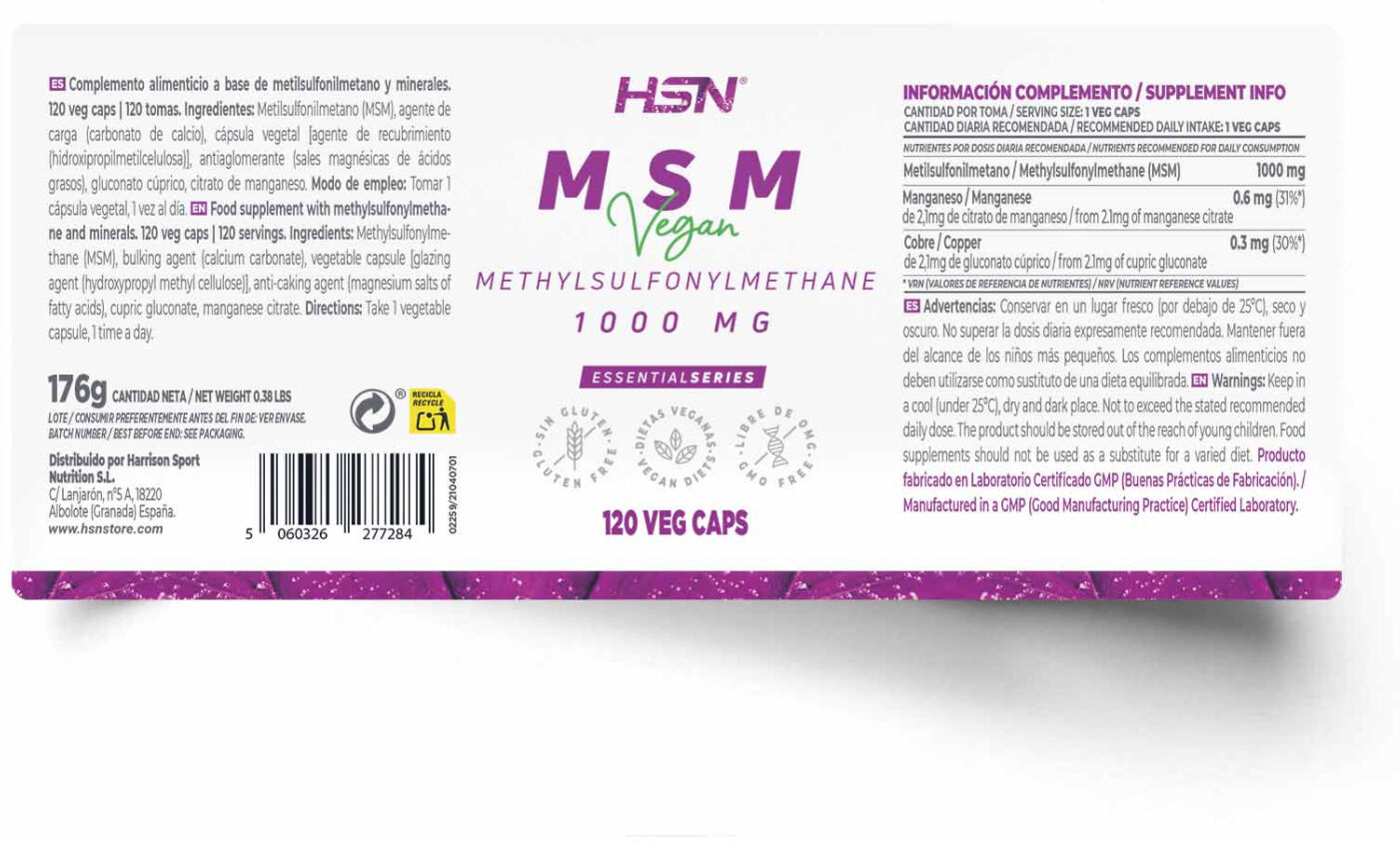HSN MSM (metilsulfonilmetano) 1000mg - 120 veg caps - Huesos y articulaciones - Cápsulas Vegetales - 120  Servicios