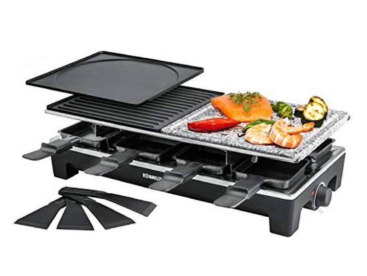 ROMMELSBACHER Raclette Grill RCS – 2 Wendegrillplatten, 1 Steingrillplatte, 8 Pfännchen, 8 Schaber, Antihaftbeschichtung Xylan Plus, stufenlose Temperaturregelung, 1350 Watt, Schwarz/Edelstahl