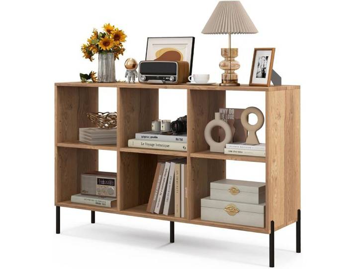 GOPLUS Meuble à Casier 6 Cubes-Bibliothèque Étagère Ouverte à 3 Niveaux-5 Pieds en Métal-120x35x79 5cm Charge 150KG Naturel
