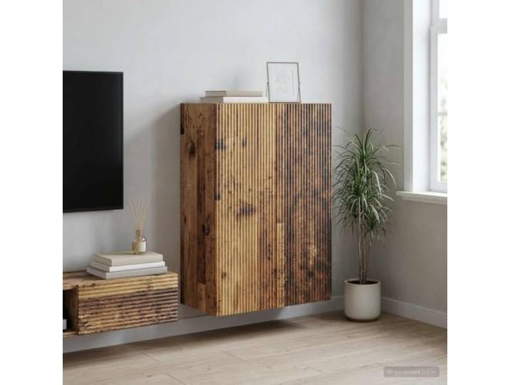 GPWERSDF Wandschrank 66 x 34,5 x 90 cm Holzwerkstoff Altholz mit Schublade Holzwerkstoff Altholz, 3 Fächer, 1 Schublade, Regal, USB-LED-Leuchten, Rollen abschließbar