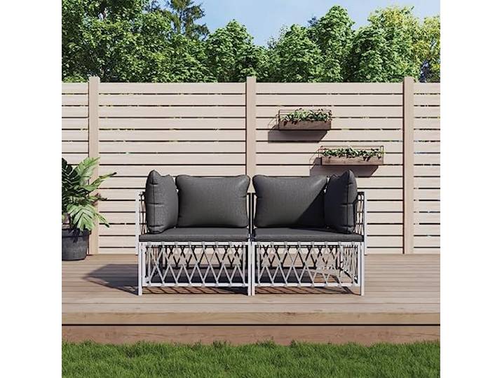 Tissu tissé durable cadre acier robuste ensemble 2 pieces blanc Salon de jardin avec coussins 2 pcs blanc acier canapé d'angle modulaire pour terrasse extérieure, robuste et confortable,