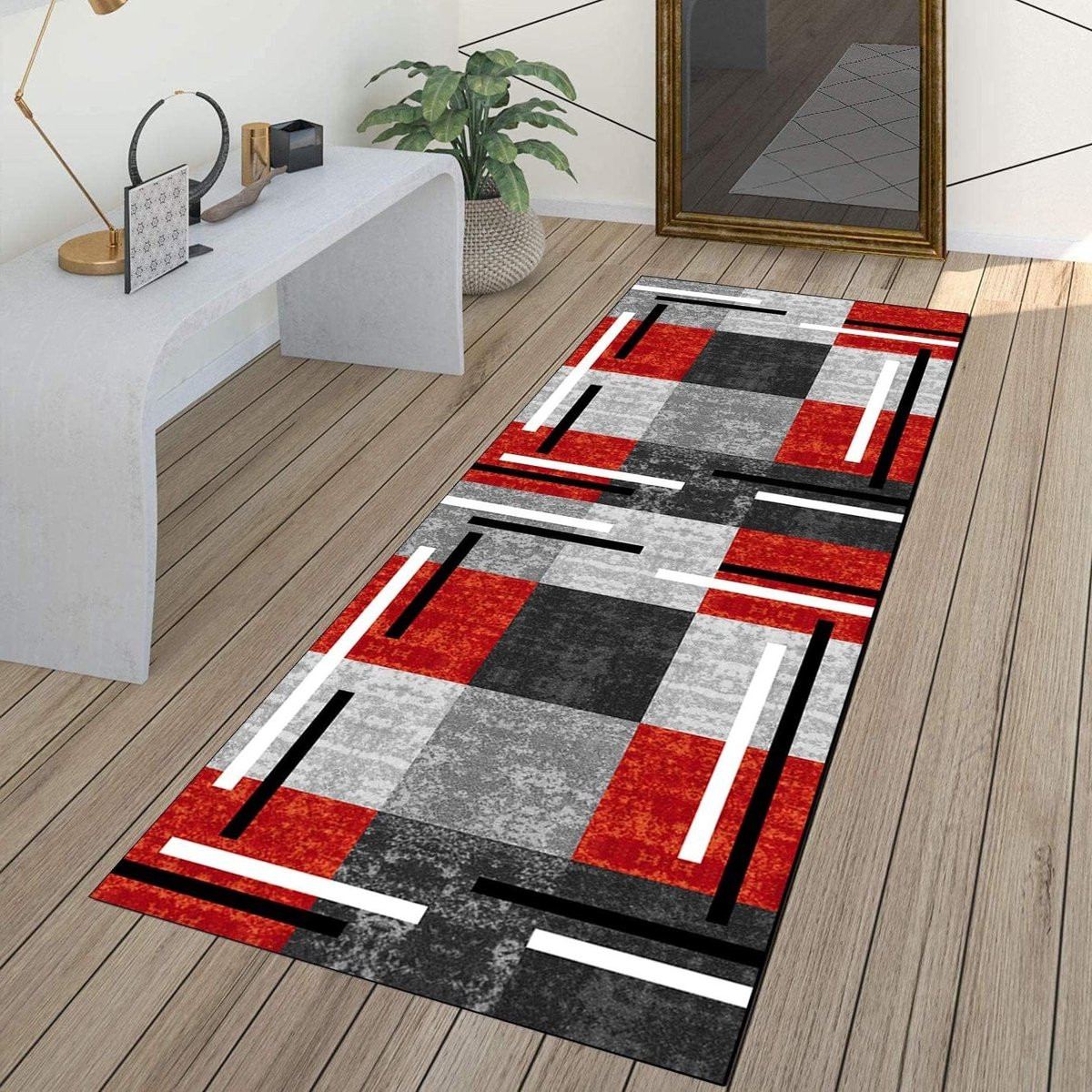 Vintage Patchwork Vloerkleed Runner met Antislip Onderkant - Grijs Rood - 50 x 150 cm