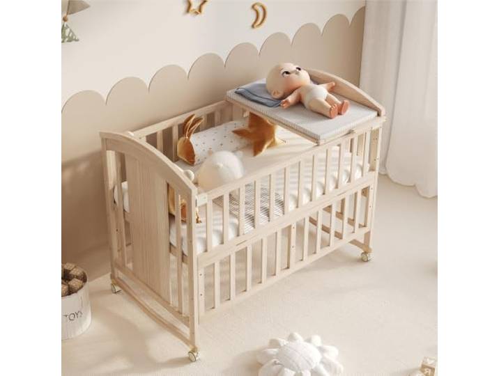 QQJIN Mehrfunktionales Babybett Holz Natur mit Wickeltisch 120x60x95cm Baby Bett Holz Als Nebenbett Mit Klappbarem Ablagerack Rollen Ohne Matratze Baby Cot 162cm
