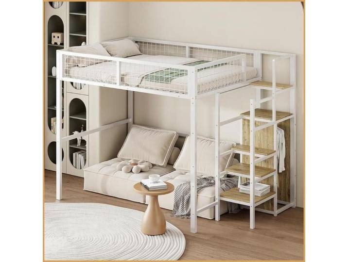 Lit Mezzanine Enfant 140x200 - Échelle Sécurisée + Rangement - Cadre Métal - Blanc/Noir