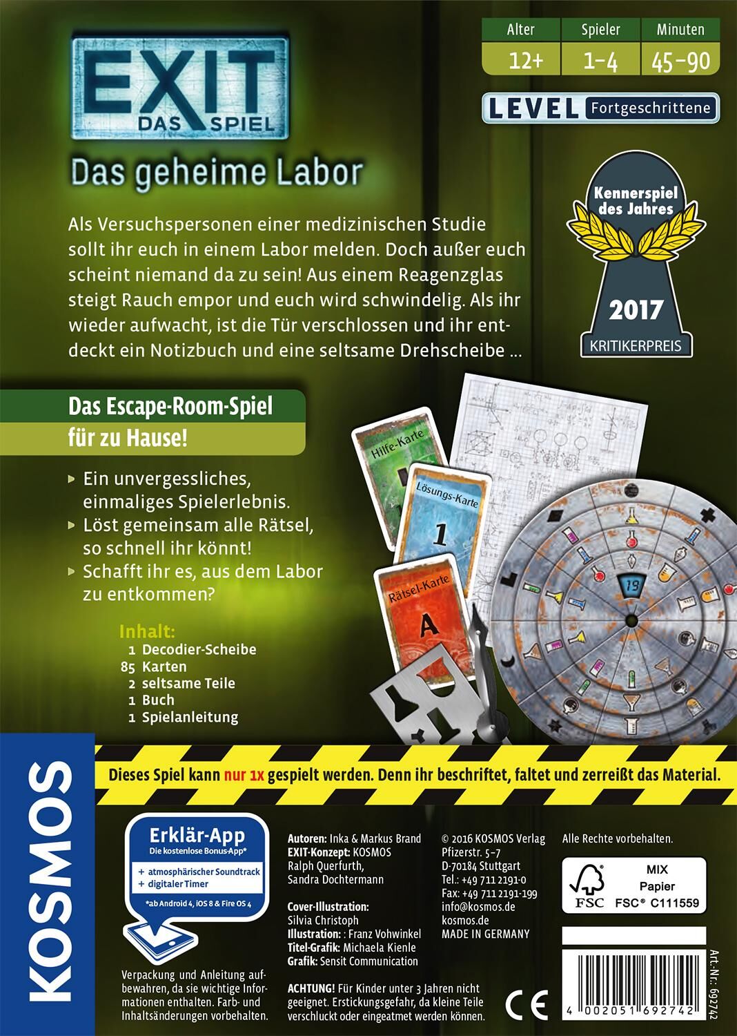 Spiel KOSMOS "EXIT, Das Spiel, Das geheime Labor", bunt, Spiele, Kinder, Spiel, Made in Germany