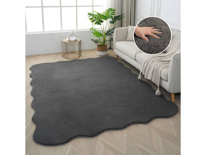 Teppich GOODPRODUCT Cali Welle, Wellenform, modern, Premium-Qualität , grau (anthrazit), B:90cm H:16mm L:160cm, Kunstfaser, Microfaser, Teppiche, Teppich, Uni-Farben, kuschelig, & weich, waschbar, Felloptik, Wohnzimmer