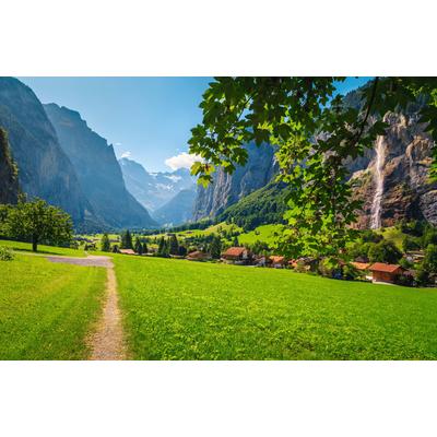 Fototapete PAPERMOON "ALPEN-DORF im GEBIRGE", bunt, B:3,5m L:2,6m, Vlies, Tapeten