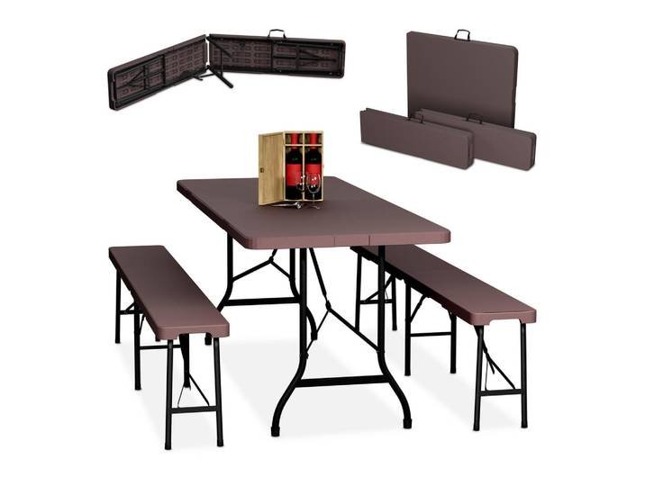 Relaxdays Bierzeltgarnitur Braun 3-tlg.-Set Tisch 180x74 cm, Kunststoff, Metall, Gartenmöbel, Gartengarnituren, Gartenmöbel-Set