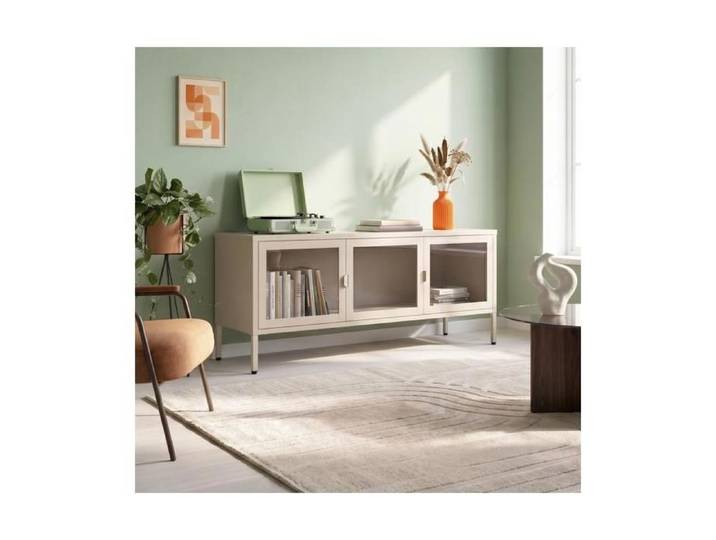 Meuble TV industriel beige - SICAAN - EZRA - 130 x 40 x 55 cm - 3 portes en verre trempé - 2 placards