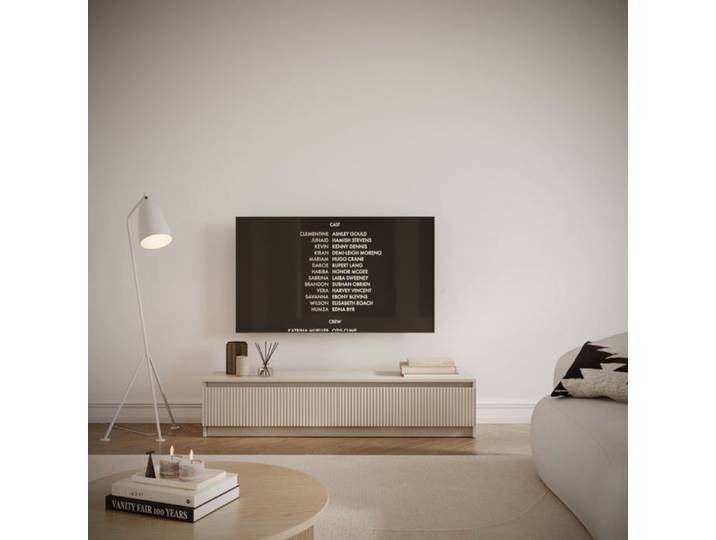 Meuble TV façade rainurée à 2 portes – Sandia – 139 cm – gris cachemire