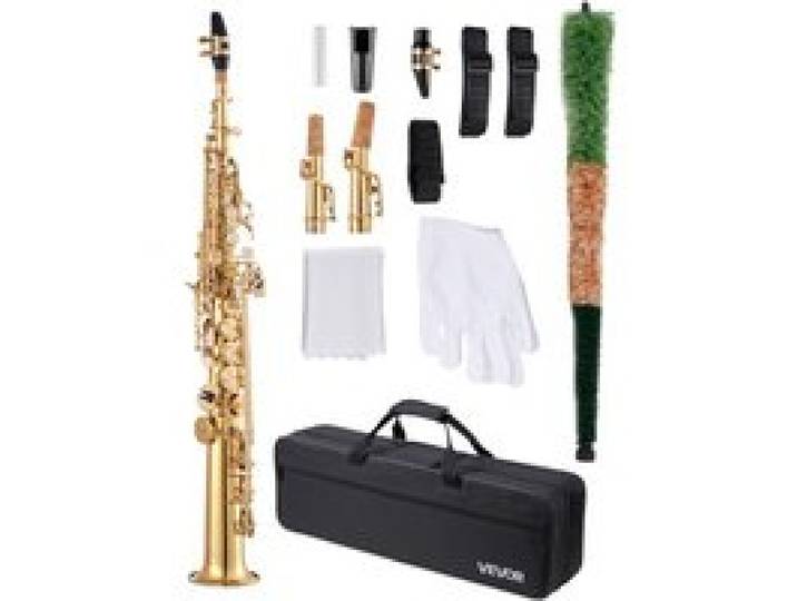 VEVOR Sopransaxophon, B-Dur, Messing-Saxophon-Anfängerset mit Tragetasche, Mundstück, Reinigungstuch, Stab, Handschuhen, Umhängeband, 23-Tasten-Sax-Set, für Anfänger & Schüler, Gold